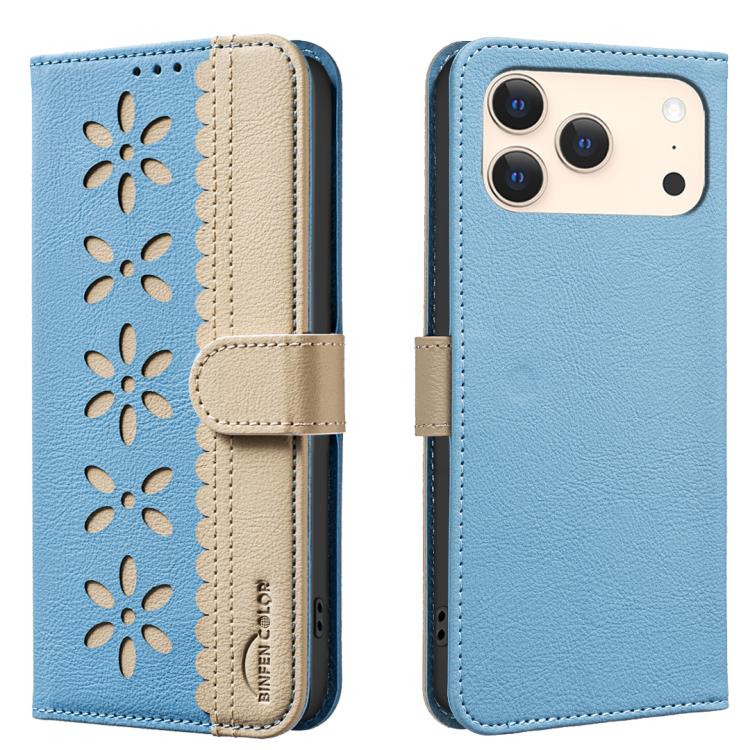 For iPhone 17 Pro Splicing Color Hollow Flower Pattern RFID Leather Phone Case(Baby Blue)