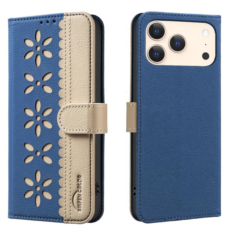 For iPhone 17 Pro Splicing Color Hollow Flower Pattern RFID Leather Phone Case(Dark Blue)