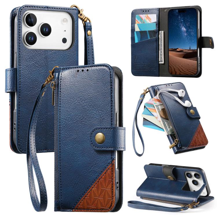 For iPhone 17 Pro Splicing Zipper Wallet Vegan Leather Phone Case with Strap(Blue)