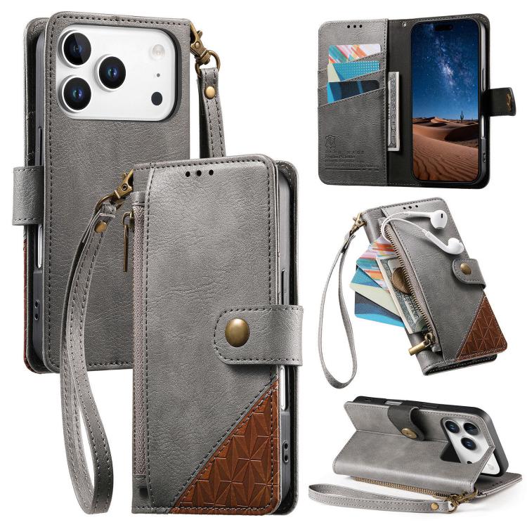 For iPhone 17 Pro Splicing Zipper Wallet Vegan Leather Phone Case with Strap(Gray)