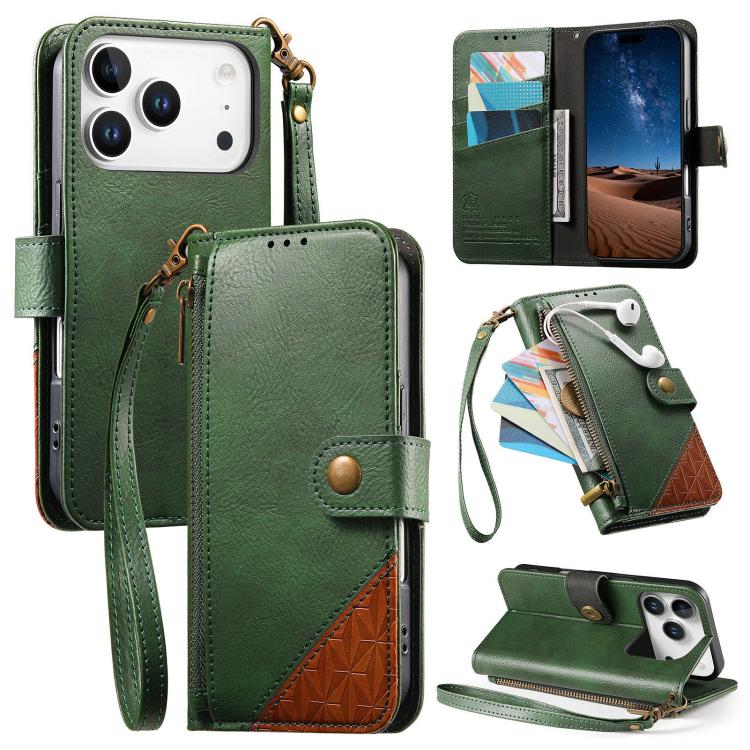 For iPhone 17 Pro Splicing Zipper Wallet Vegan Leather Phone Case with Strap(Green)