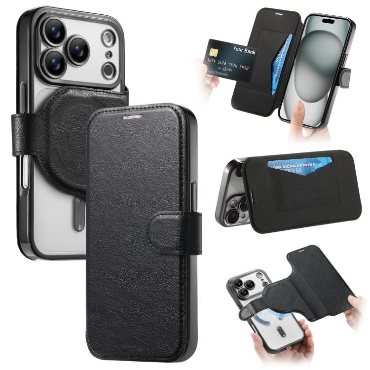 For iPhone 17 Pro Splitable Electroplated MagSafe RFID Anti-theft Leather Phone Case with Lens Film(Black)