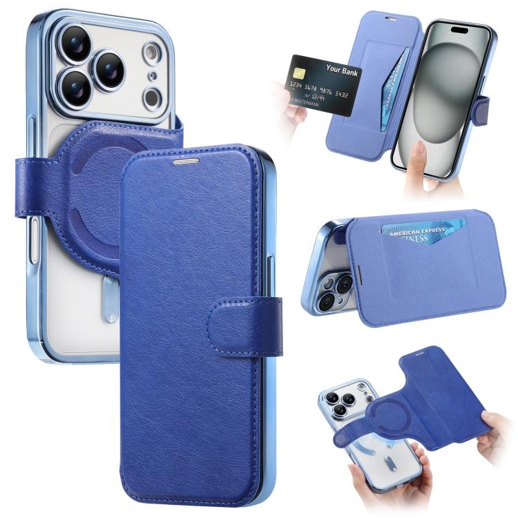 For iPhone 17 Pro Splitable Electroplated MagSafe RFID Anti-theft Leather Phone Case with Lens Film(Blue)