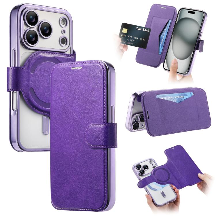For iPhone 17 Pro Splitable Electroplated MagSafe RFID Anti-theft Leather Phone Case with Lens Film(Purple)