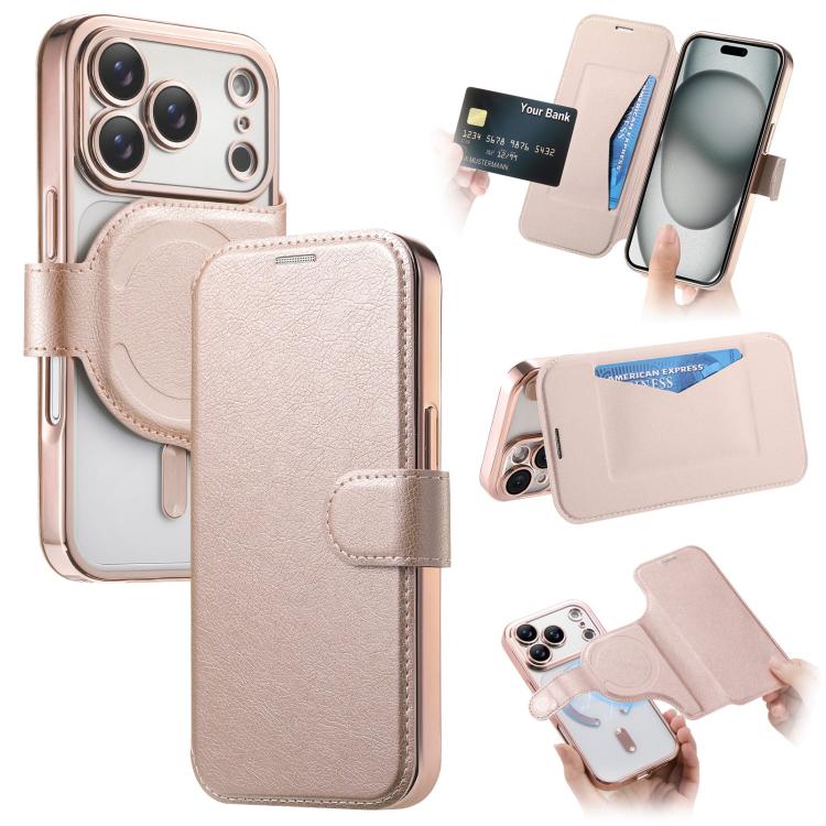 For iPhone 17 Pro Splitable Electroplated MagSafe RFID Anti-theft Leather Phone Case with Lens Film(Rose Gold)