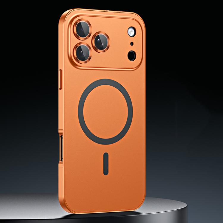 For iPhone 17 Pro Spring Buckle MagSafe Magnetic Metal Phone Case(Orange)