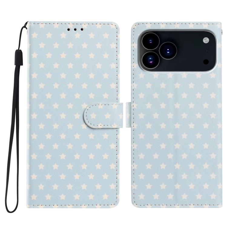For iPhone 17 Pro Star Pattern Magnetic Buckle Vegan Leather Phone Case with Wrist Strap(Blue)