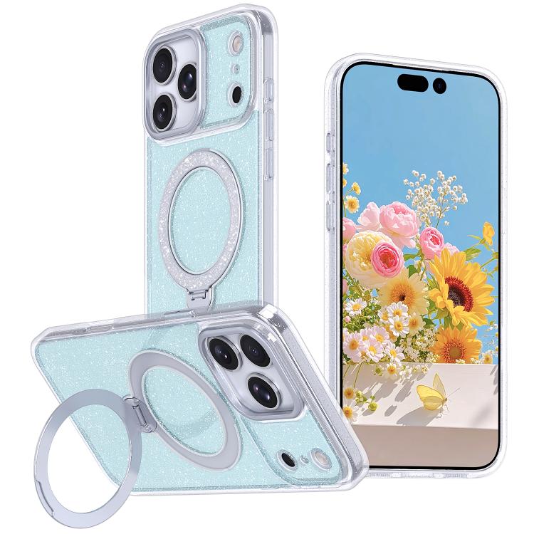 For iPhone 17 Pro Starry Glitter Magnetic Holder Phone Case(Cyan)