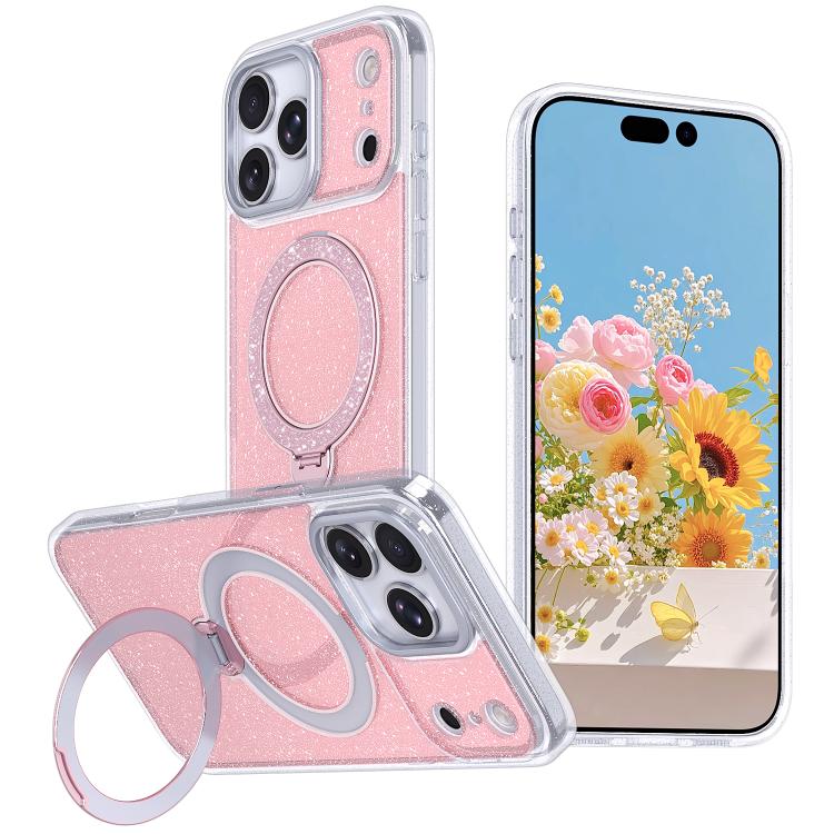 For iPhone 17 Pro Starry Glitter Magnetic Holder Phone Case(Pink)