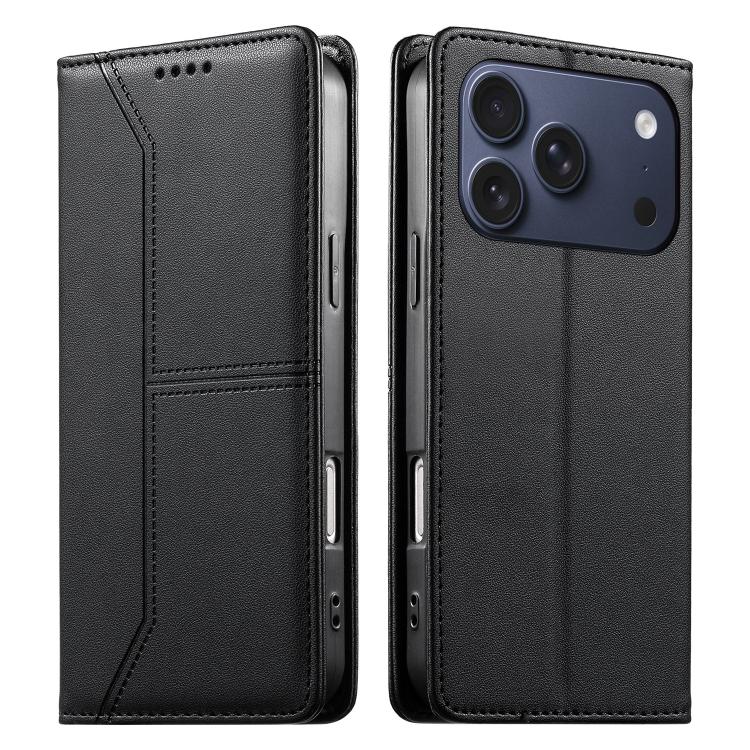 For iPhone 17 Pro Stitched Line Magnetic RFID Vegan Leather Phone Case(Black)