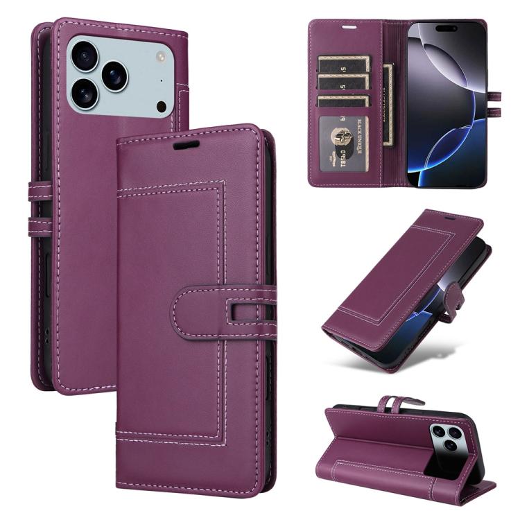 For iPhone 17 Pro Stitched Magnetic Buckle Leather Phone Case(Purple)