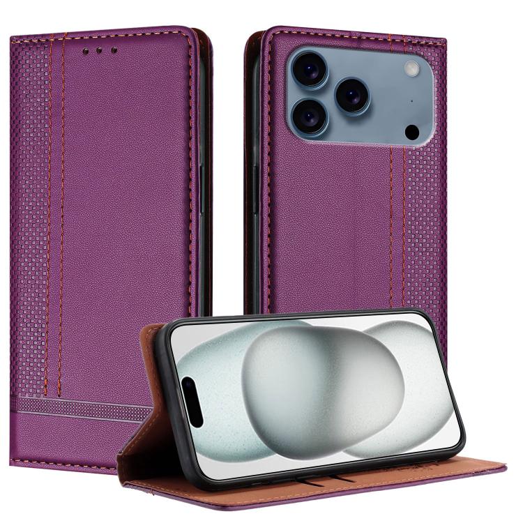 For iPhone 17 Pro Stitching Design Scratch-Resistant Vegan Leather Phone Case(Purple)