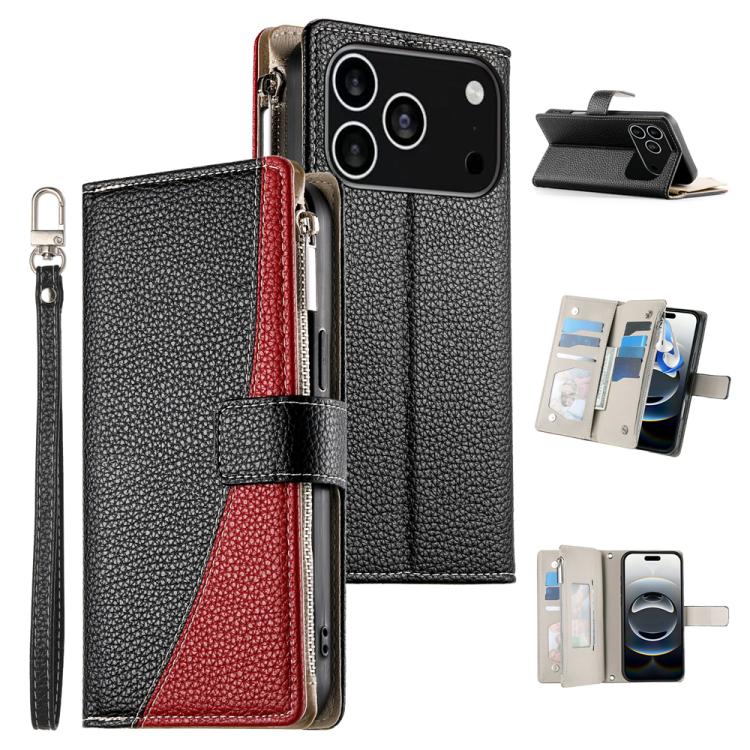 For iPhone 17 Pro Stitching Multi-card Zipper Wallet Leather Phone Case with Short Strap(Black)