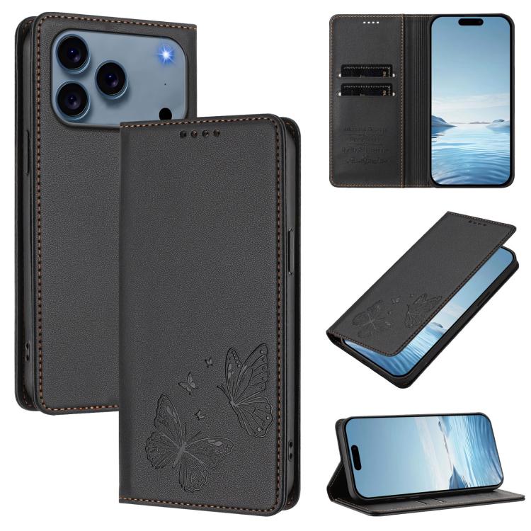 For iPhone 17 Pro Strong Magnetic Dual Butterfly RFID Vegan Leather Phone Case(Black)