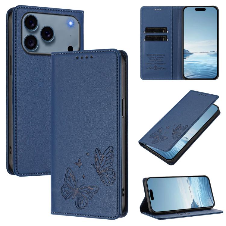 For iPhone 17 Pro Strong Magnetic Dual Butterfly RFID Vegan Leather Phone Case(Dark Blue)