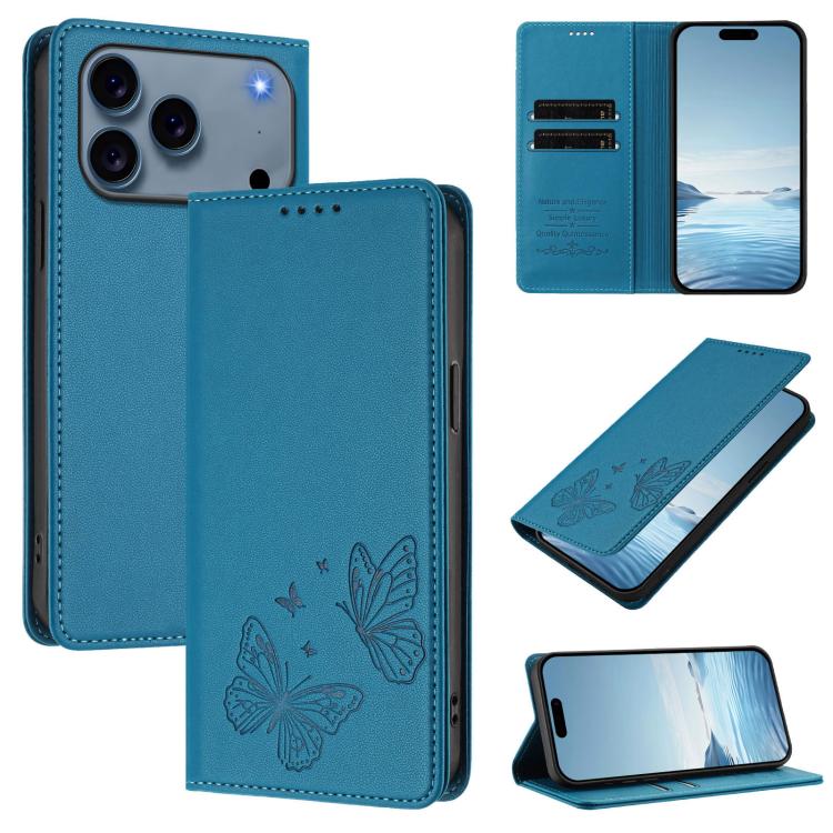 For iPhone 17 Pro Strong Magnetic Dual Butterfly RFID Vegan Leather Phone Case(Lake Blue)