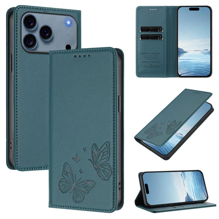 For iPhone 17 Pro Strong Magnetic Dual Butterfly RFID Vegan Leather Phone Case(Peacock Green)