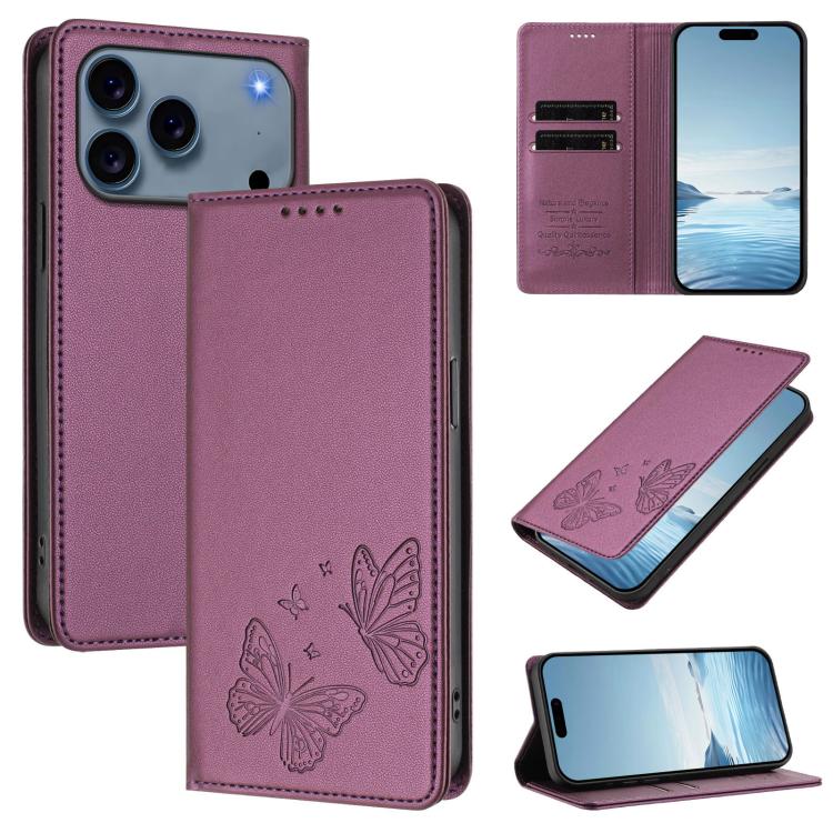 For iPhone 17 Pro Strong Magnetic Dual Butterfly RFID Vegan Leather Phone Case(Violet Purple)