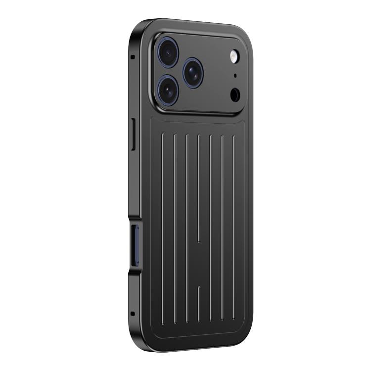For iPhone 17 Pro Suitcase Texture Magnetic King Series Aluminum Alloy Phone Case with Tempered Glass Film(Black)