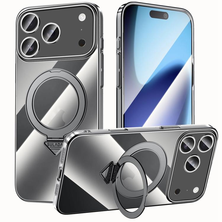 For iPhone 17 Pro SULADA Electroplated Transparent MagSafe Holder Phone Case(Black)