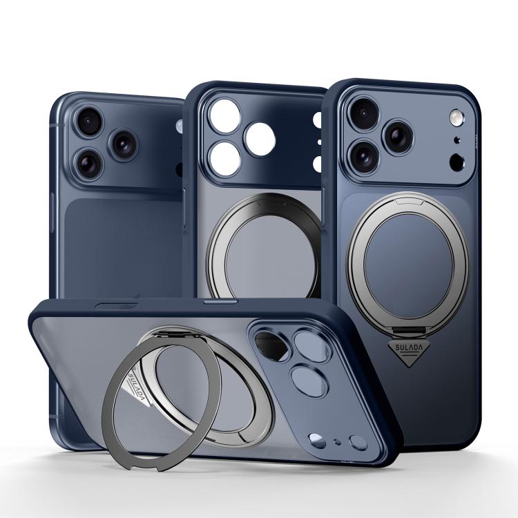 For iPhone 17 Pro SULADA Transforms Into 17 Pro Semi-Transparent Matte Rotation Magnetic Holder Phone Case(Blue)