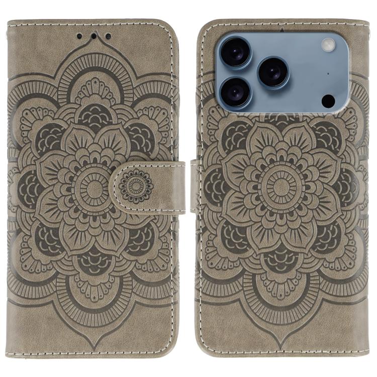 For iPhone 17 Pro Sun Mandala Embossing Leather Phone Case(Grey)