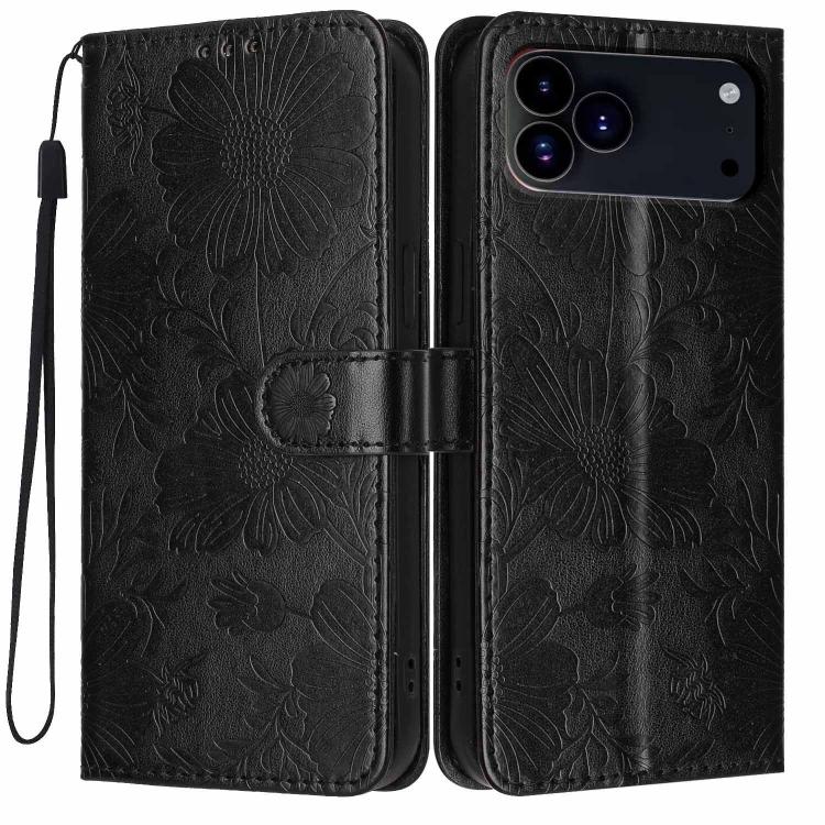 For iPhone 17 Pro Sunflower Embossed Vegan Leather Phone Case with Small Black Rope(Black)