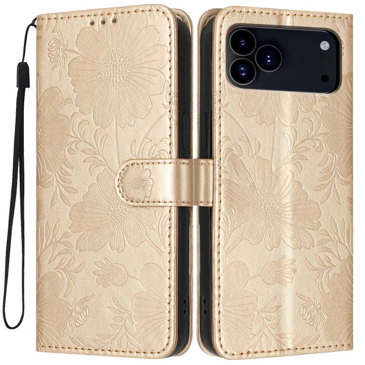 For iPhone 17 Pro Sunflower Embossed Vegan Leather Phone Case with Small Black Rope(Gold)