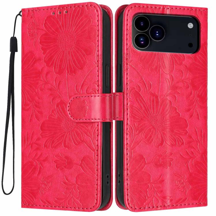 For iPhone 17 Pro Sunflower Embossed Vegan Leather Phone Case with Small Black Rope(Red)