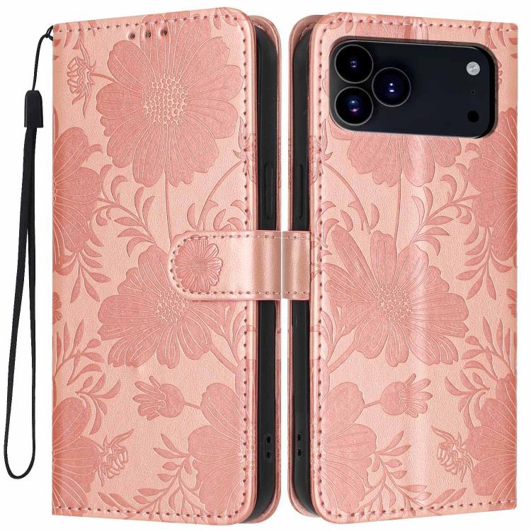 For iPhone 17 Pro Sunflower Embossed Vegan Leather Phone Case with Small Black Rope(Rose Gold)
