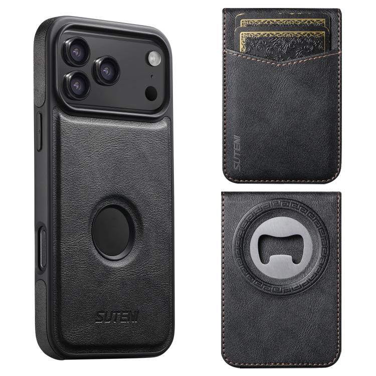 For iPhone 17 Pro Suteni G1S5 2-in-1 Magnetic Detachable Bottle Opener Card Bag Cow Leather Back Phone Case(Black)