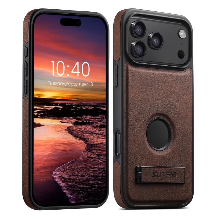 For iPhone 17 Pro Suteni G2 Magsafe Litchi Texture Leather Back Phone Case with Holder(Brown)
