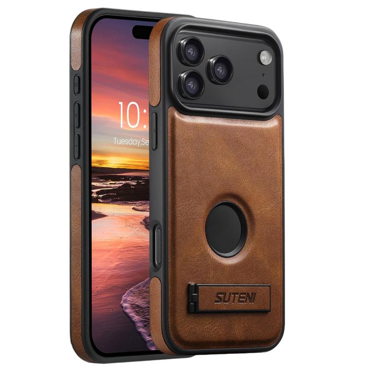 For iPhone 17 Pro Suteni G2 Magsafe Oil Wax Leather Back Phone Case with Holder(Brown)