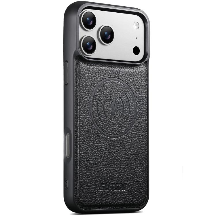 For iPhone 17 Pro Suteni G5 Large Litchi Texture Vegan Leather Magnetic Back Phone Case(Black)