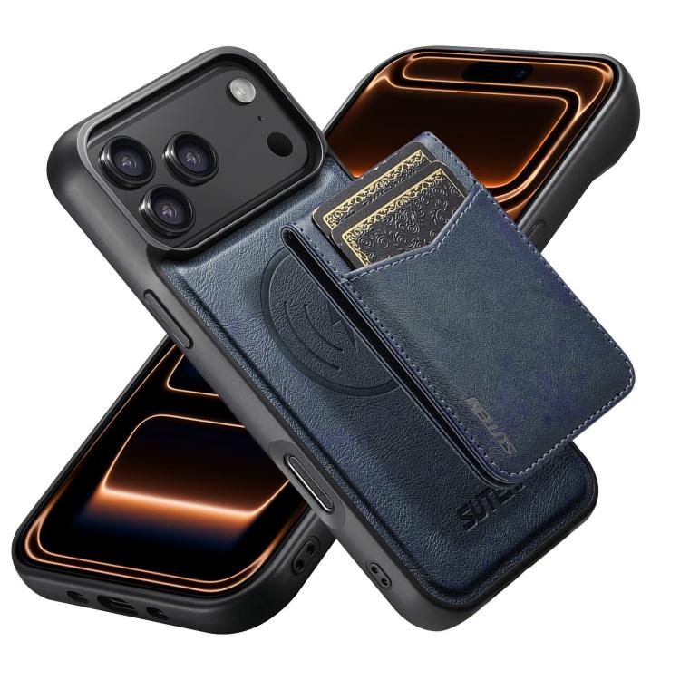 For iPhone 17 Pro Suteni G5S5 2-in-1 Magnetic Detachable Bottle Opener Card Bag Cow Leather Back Phone Case(Blue)