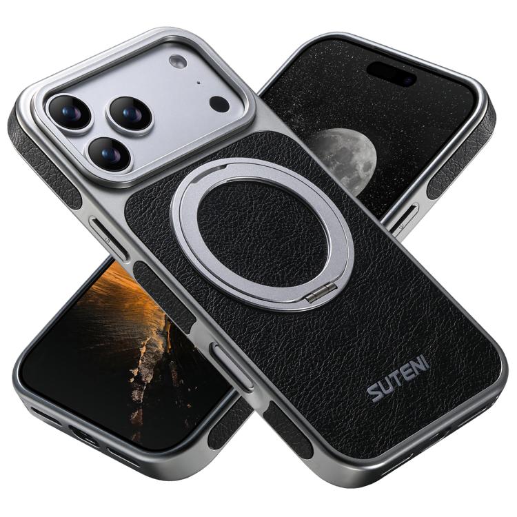 For iPhone 17 Pro Suteni G6 Crazy Horse Texture Electroplated 360 Rotation Holder Magnetic Phone Case(Black)