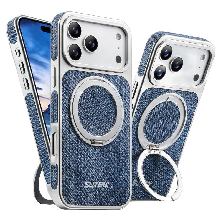 For iPhone 17 Pro Suteni G6 Denim Pattern Electroplated 360 Rotation Holder Magnetic Phone Case(Blue)