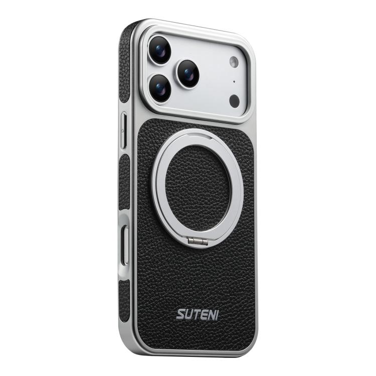 For iPhone 17 Pro Suteni G6 Large Litchi Texture Electroplated 360 Rotation Holder Magnetic Phone Case(Black)