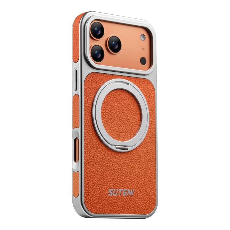 For iPhone 17 Pro Suteni G6 Large Litchi Texture Electroplated 360 Rotation Holder Magnetic Phone Case(Orange)