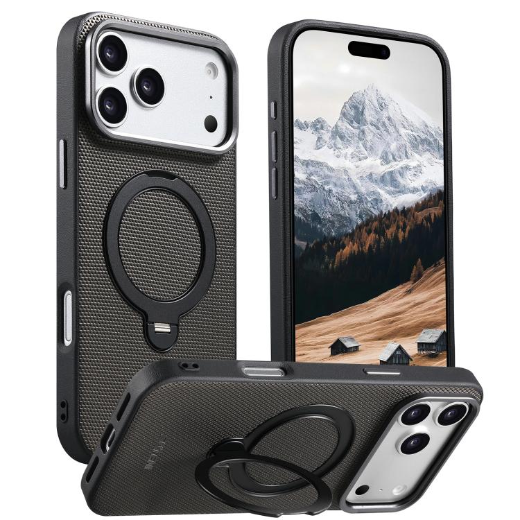 For iPhone 17 Pro Suteni G7 360 Rotation Magnetic Holder Triangle Texture Vegan Leather Back Phone Case(Grey)