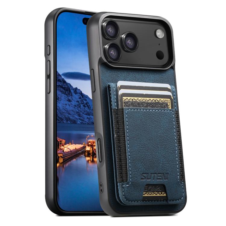 For iPhone 17 Pro Suteni H03 Litchi Leather Card Bag Stand Back Phone Case(Blue)