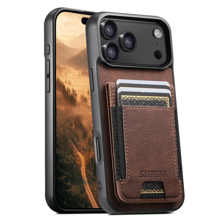 For iPhone 17 Pro Suteni H03 Litchi Leather Card Bag Stand Back Phone Case(Brown)