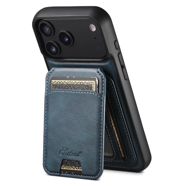 For iPhone 17 Pro Suteni H15 MagSafe Oil Eax Leather Detachable Wallet Back Phone Case(Blue)