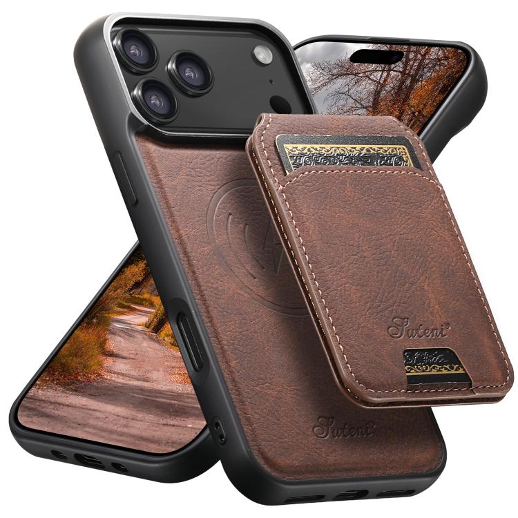 For iPhone 17 Pro Suteni H16 Litchi Texture Leather Detachable Wallet Back Phone Case(Brown)