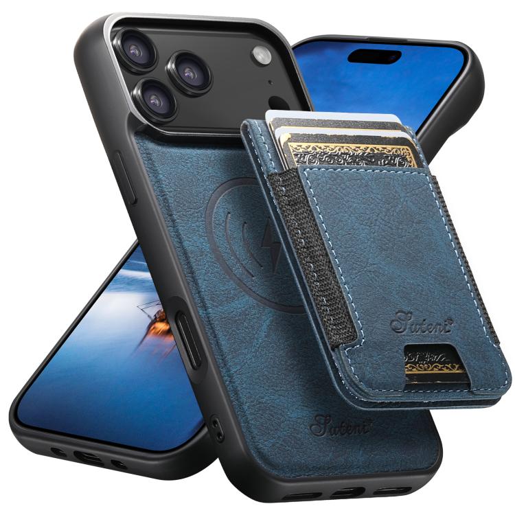 For iPhone 17 Pro Suteni H17 Litchi Texture Leather MagSafe Detachable Wallet Phone Case(Blue)