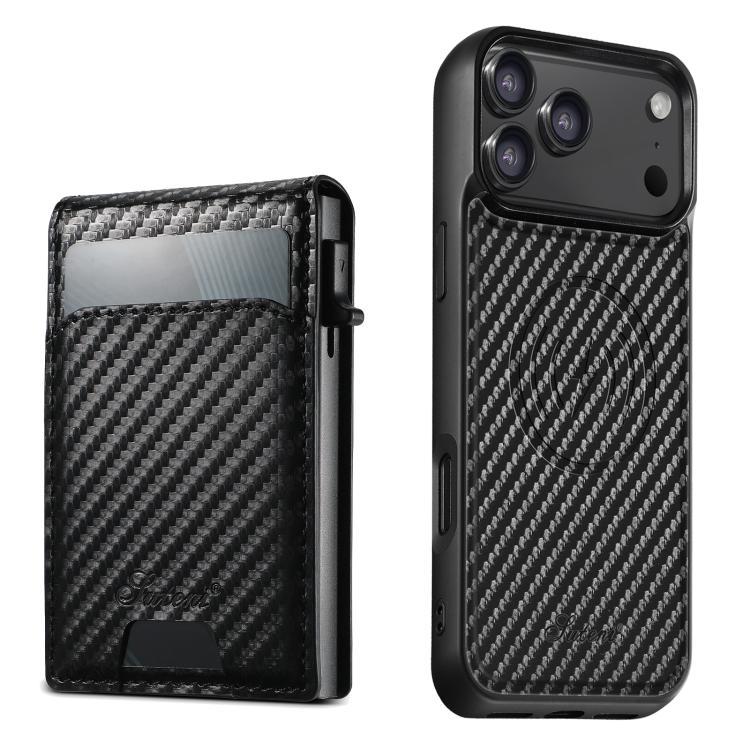 For iPhone 17 Pro Suteni H19 Carbon Fiber Grain 2-in-1 MagSafe Removable Card Box Back Phone Case(Black)