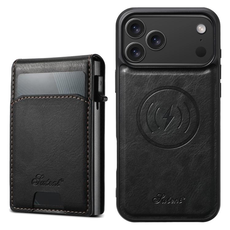 For iPhone 17 Pro Suteni H19 Oil Wax 2-in-1 MagSafe Removable Card Box Back Phone Case(Black)