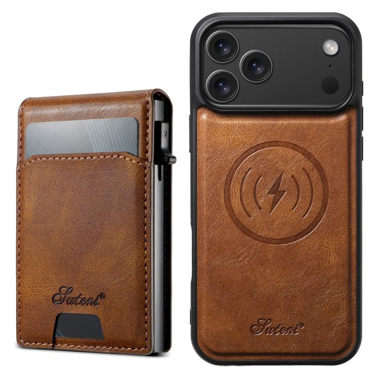 For iPhone 17 Pro Suteni H19 Oil Wax 2-in-1 MagSafe Removable Card Box Back Phone Case(Brown)