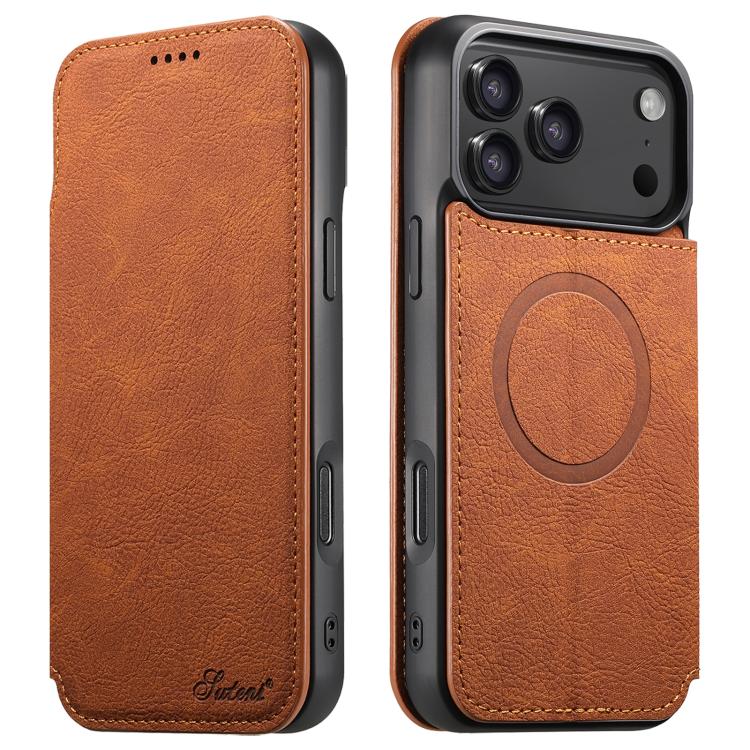 For iPhone 17 Pro Suteni J06 Retro Matte Litchi Texture Leather MagSafe Phone Case(Khaki)