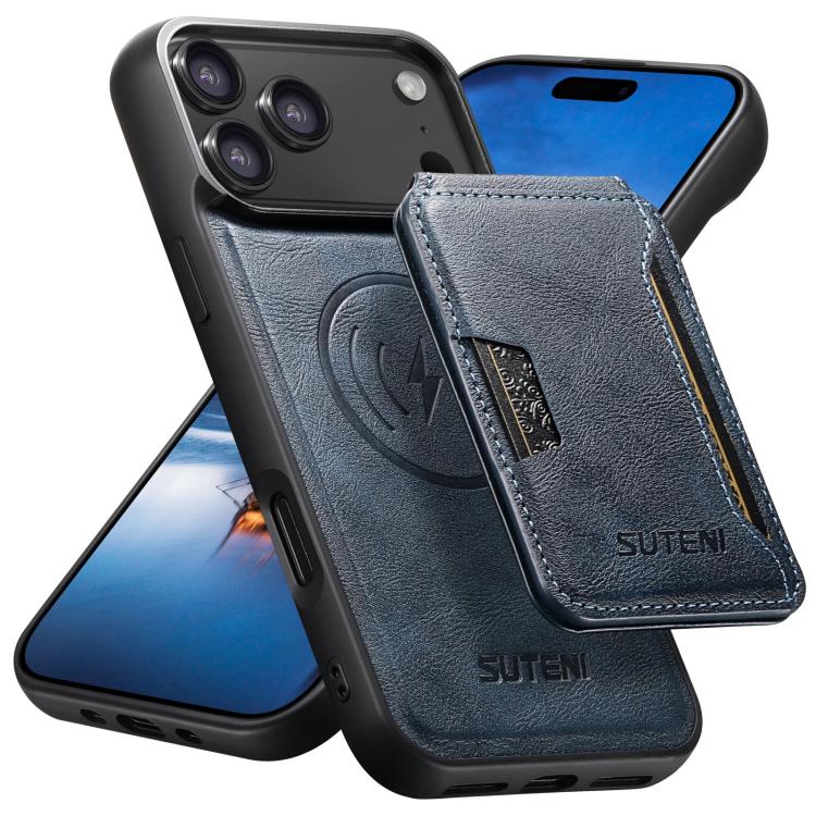 For iPhone 17 Pro Suteni M3 Card Bag MagSafe Cowhide Texture Leather Phone Case(Blue)